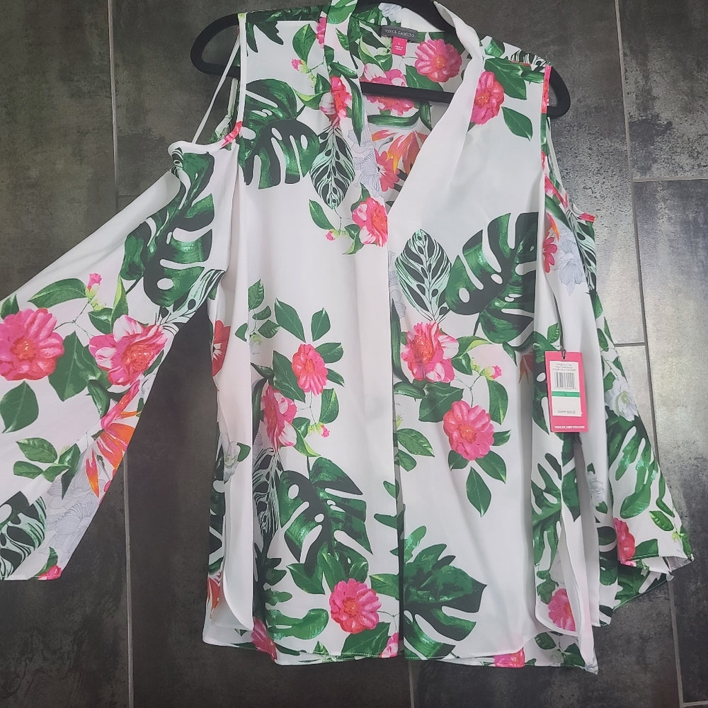 Vince Camuto Cold Shoulder Blouse Large White Pink